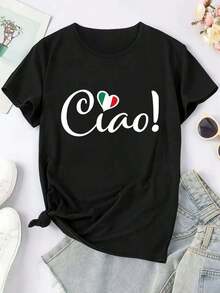 Camiseta Casual de Mujer con Estampado de Corazón y Bandera Italiana Ciao! - Estilo Urbano Elegante, Cuello Redondo, Manga Corta, Ajuste Cómodo para Todas las Estaciones, Lavable a Máquina, Camiseta Italiana 100% Cotton Blusas Bonito - Negro - Ver 2