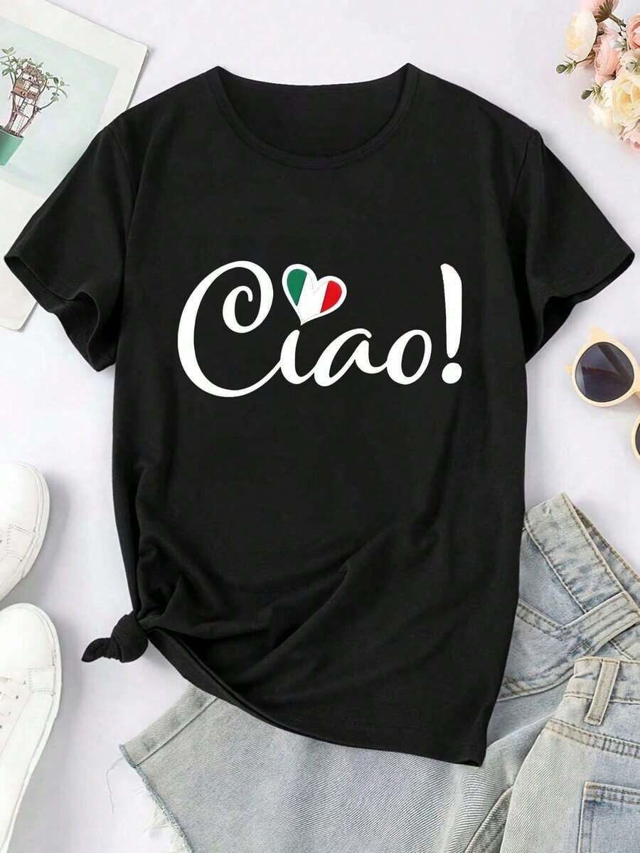 Camiseta Casual de Mujer con Estampado de Corazón y Bandera Italiana Ciao! - Estilo Urbano Elegante, Cuello Redondo, Manga Corta, Ajuste Cómodo para Todas las Estaciones, Lavable a Máquina, Camiseta Italiana 100% Cotton Blusas Bonito