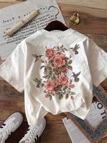 [Impresión a Doble Cara] Camiseta de Manga Corta con Cuello Redondo de Algodón Puro con Estampado Vintage de Rosas y Colibríes - Blanco - Ver 1