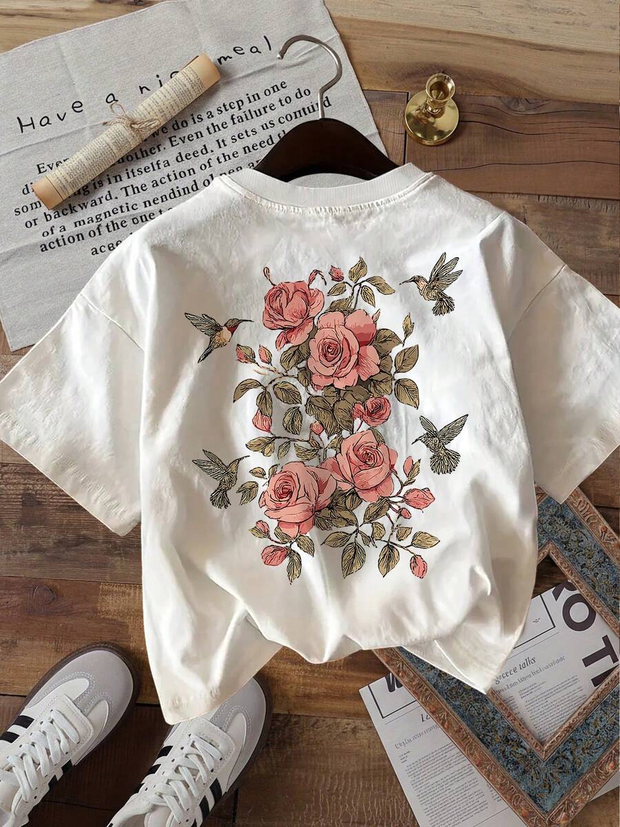 [Impresión a Doble Cara] Camiseta de Manga Corta con Cuello Redondo de Algodón Puro con Estampado Vintage de Rosas y Colibríes - Blanco - Ver 1