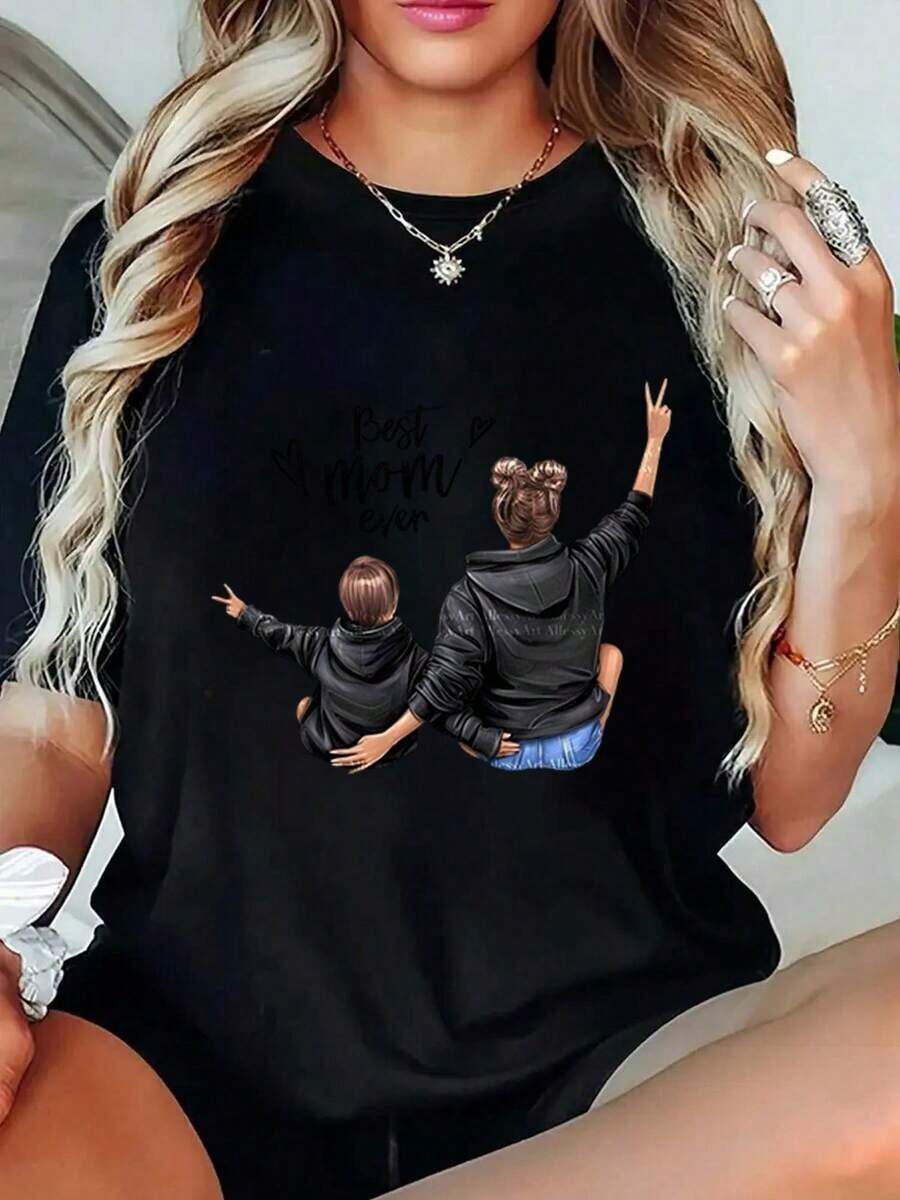 StreetKorean SoftT-shirtDía del Niño y Día de la Madre, Camiseta Estampada de Madre e Hijo, La Mejor Mamá del Mundo Estilo Urbano, Cuello Redondo, Holgada, Básica, Unisex, Transpirable, de Secado Rápido, Versátil, Lavable a Máquina, Cómoda, Tallas S a 2XL, Diario, Casual, Deportiva, Esencial, Verano, 189G, Blanco y , Alta Calidad. Camiseta de algodón transpirable, combina con todo. Camiseta con estampado gráfico - Negro - Ver 1