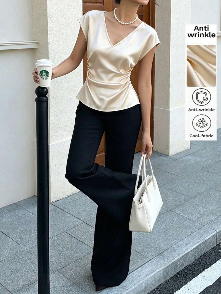 ZELUOLX Áo nữ mùa hè bằng satin cổ chữ V không tay, thiết kế nhún eo, kiểu dáng công sở chuyên nghiệp. - Màu be - Xem 1