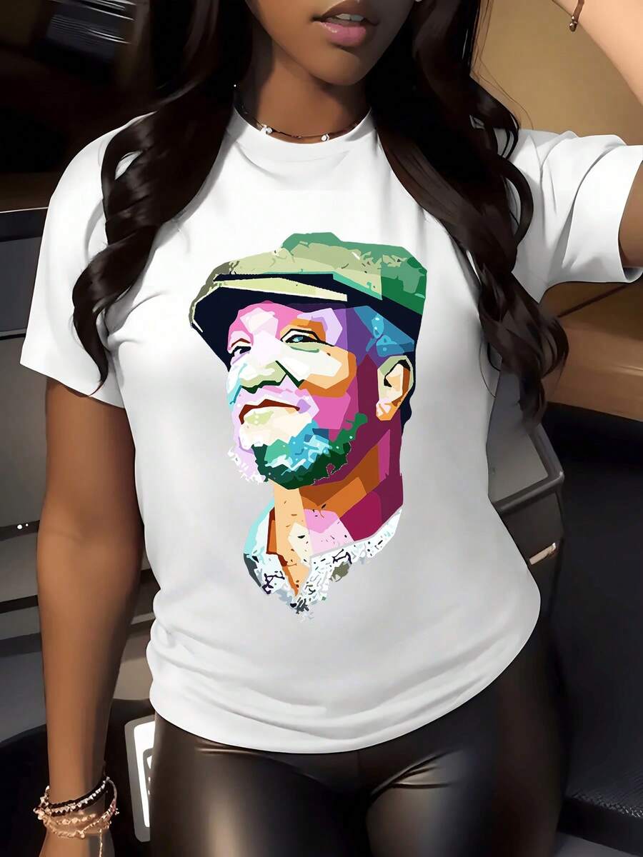 Rostro abstracto de colores vibrantes que inspira modernidad y libertad artística con líneas geométricas que reflejan energía y creatividad camiseta de mujer casual moderna para uso diario - Blanco - Ver 1