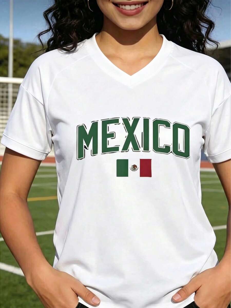 Playera de Fútbol Mujer México Bandera Nacional - Ropa para Aficionados al Fútbol Mexicano - Blanco - Ver 1