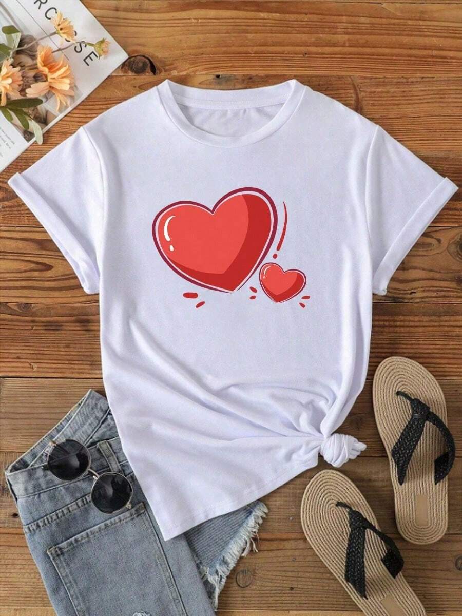 Camiseta de mujer con estampado de dos corazones, suave y cómoda Camiseta de manga corta con cuello redondo holgado - Blanco - Ver 1