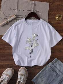 Nueva Colección 2026: Camiseta de Algodón para Mujer, Blanca con Estampado Floral, Cuello Redondo y Hombros Caídos, Mangas Cortas, Tejido de Punto de Elasticidad Media, Ligera y de Algodón - Blanco - Ver 3