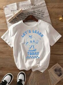 Diseño simple y versátil, camiseta de mujer con estampado retro de maestra de dibujos animados, top casual de manga corta y cuello redondo, tela de verano, longitud regular - camiseta de algodón puro. - Blanco - Ver 6