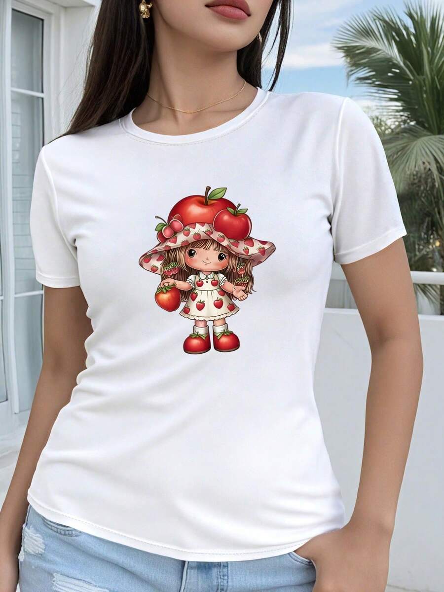 Camiseta de mujer, novedad de verano, camiseta de manga corta para mujer con estampado de fresas, lleva un sombrero de manzana y sosteniendo fresas, linda, dulce, elegante, a la moda, un producto nuevo y versátil. - Blanco - Ver 1