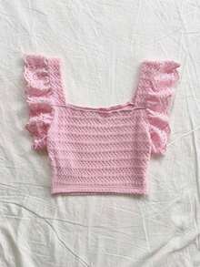 Elegante top corto de mujer de punto con plisados, adornos de encaje floral y diseño ideal para vacaciones - Rosa Pálido - Ver 2
