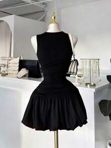 Vestido corto negro de cuello redondo y sin mangas elegante para mujer , adecuado para usar en capas como ropa formal, perfecto para salidas, fiestas y citas en primavera - Negro - Ver 3