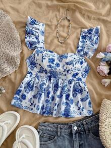 Blusa de corte de línea A con cuello cuadrado, manga corta y estampado retro azul y blanco, adecuada para fiestas, citas, el Día de San Valentín, el té de la tarde - Azul y blanco 2 - Ver 5