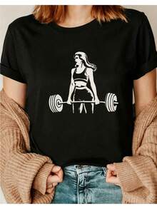 Weightlifter Print T-Shirt, Women's Casual Short Sleeve Crew Neck T-Shirt, Ideal For Daily Wear, Casual Outings, Holiday Gift, Pixianai01, Short Sleeve Crew Neck Top, Suitable For All Seasons, Casual And Versatile. - 黑色 - 查看 1