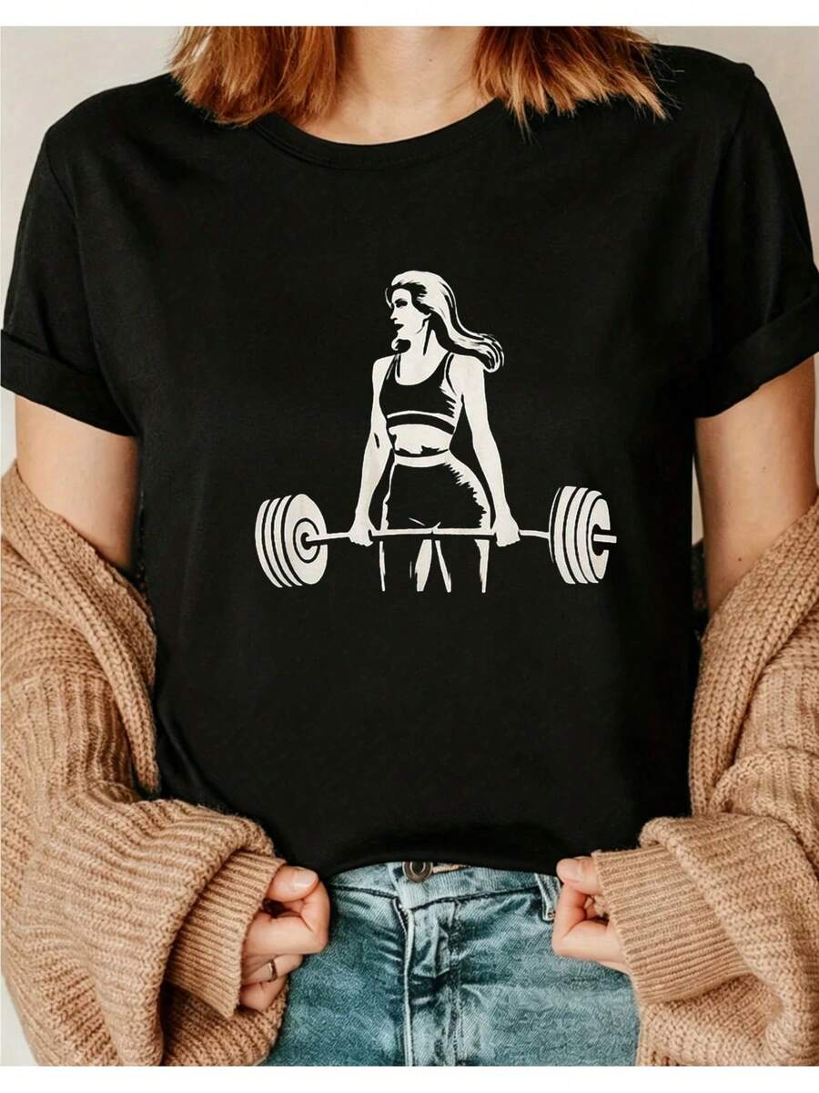 Weightlifter Print T-Shirt, Women's Casual Short Sleeve Crew Neck T-Shirt, Ideal For Daily Wear, Casual Outings, Holiday Gift, Pixianai01, Short Sleeve Crew Neck Top, Suitable For All Seasons, Casual And Versatile. - 黑色 - 查看 1