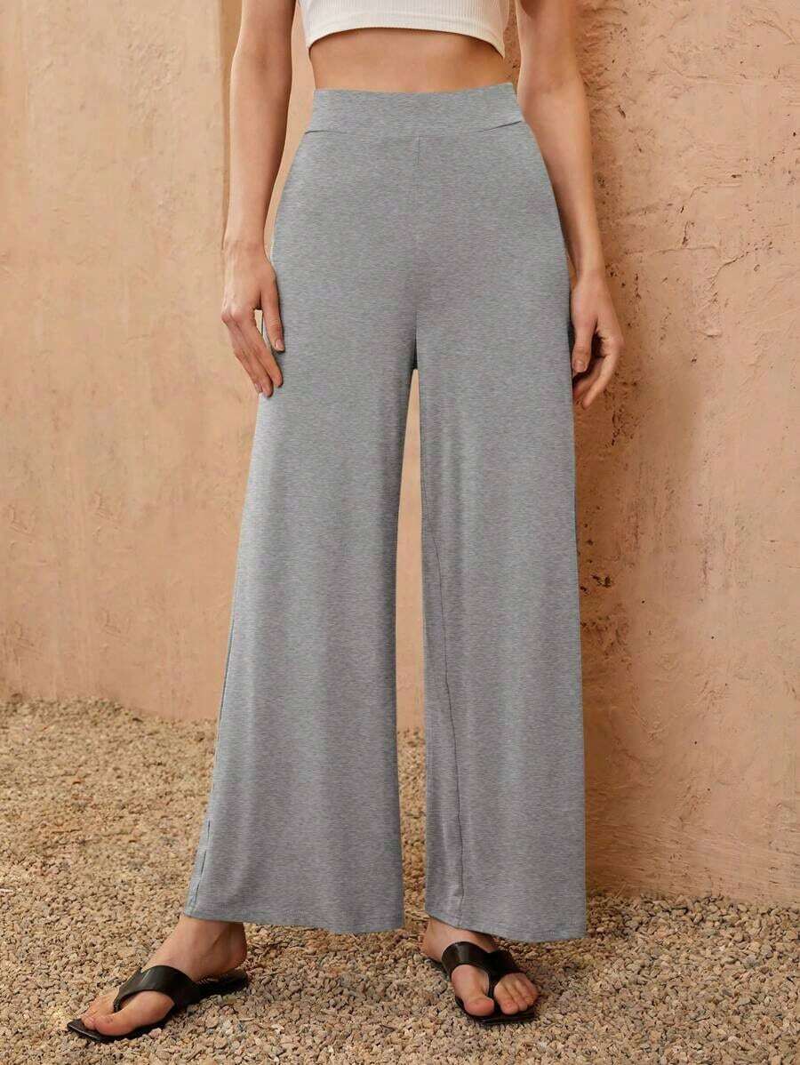 Pantalones holgados de pierna ancha de un solo color tipo palazzo, pantalones casuales de cintura alta y pierna ancha de viscosa negra suelta para mujeres, para uso profesional/de oficina/ropa de trabajo - Gris Claro - Ver 1