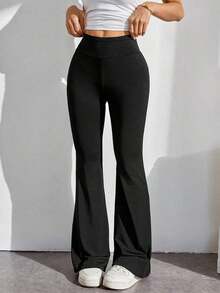 Pantalones con cintura alta de color liso y corte acampanado - Negro - Ver 3