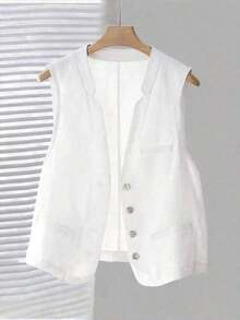Chaleco corto de lino casual para mujer, color blanco, para primavera y verano - Blanco - Ver 3