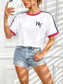 Camiseta casual de mujer con cuello redondo, manga corta y bloque de color con estampado de letras - Blanco - Ver 3