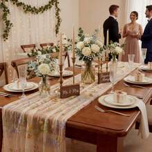 1/3pcs Champagne Floral Table Runner, 10ft Embroidered Tulle Spring Wildflower Table Runner, Room Decor, Seasonal Summer Butterfly Kitchen Dining Room Gauze Decoration For Wedding Decor, Baby Shower, Birthday Decoration - Pansy - View 7