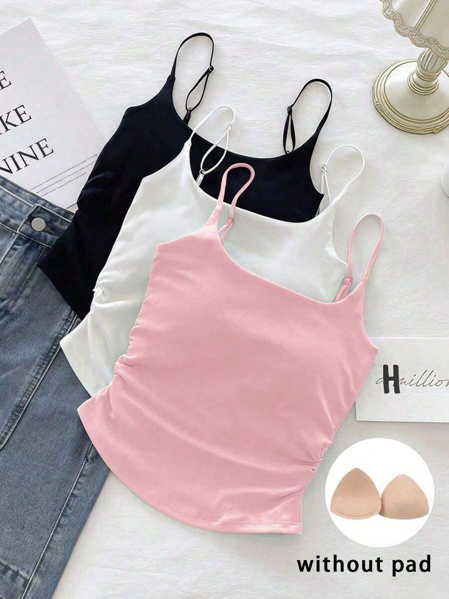 Set de 3 piezas de camisolas casuales plisadas de unicolor para mujer - Rosa - Ver 1