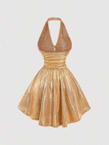 Vestido de fiesta elegante de mujer con estampado de cerezas, escote halter, espalda descubierta y cintura fruncida - Dorado - Ver 3
