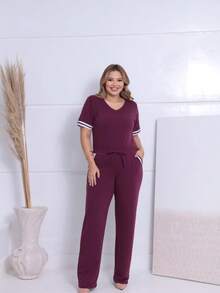 Women's Striped Set - Pants And Top In Lightweight Fleece With White Details - Comfortable Style - Burgundy - View 4