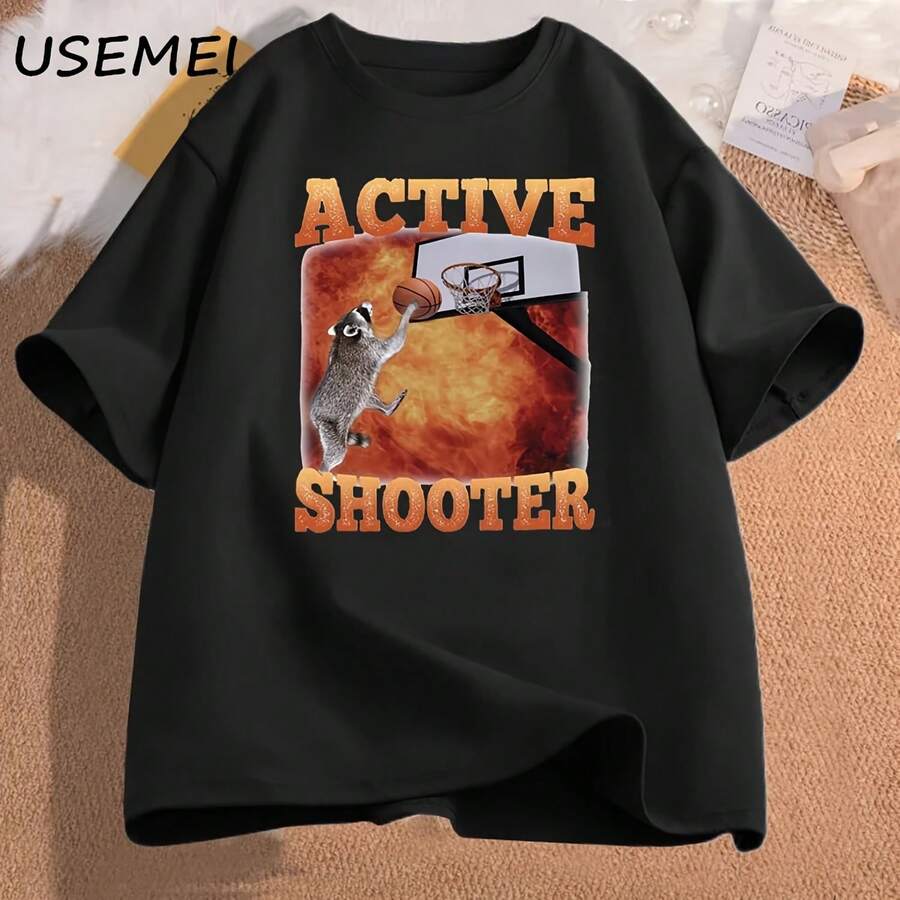 Camiseta de manga corta de algodón para hombre y mujer, ropa de calle Unisex con estampado divertido de baloncesto, mapache y tirador activo - forma - Ver 1