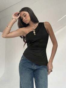 Blusa de moda sin mangas para mujer con cuello oblicuo y fruncido lateral para el trabajo - Gris Oscuro - Ver 5