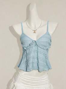 Blusa de tirantes de mujer con volantes de tela texturizada de unicolor para el verano y vacaciones - Azul - Ver 10