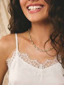 -E Elegante conjunto de vacaciones para mujer con top de tirantes finos, ajuste ceñido, de satén beige con ribete de encaje - Albaricoque - Ver 6