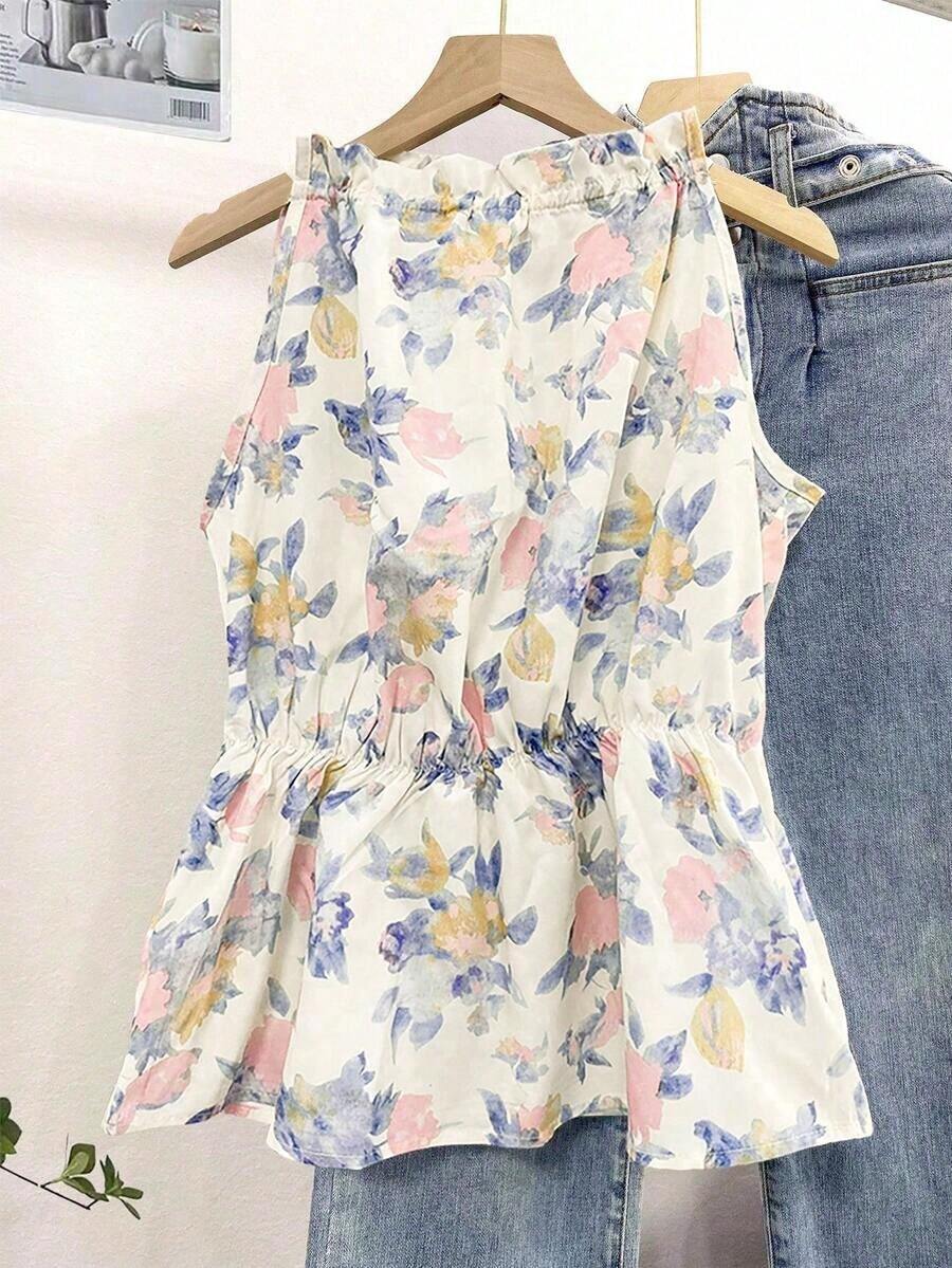 Blusa casual versátil de uso diario con estampado floral y pliegues para mujer - verde menta - Ver 1