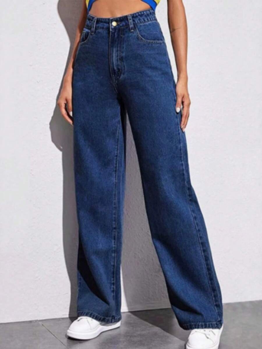 Women's Jeans Section: Women's Horseshoe-Shaped Barrel Jeans, Mid-Waist Wide-Leg Jeans, Loose Fit, Slim Tapered Leg Casual Jeans. - 深藍色 - 查看 1