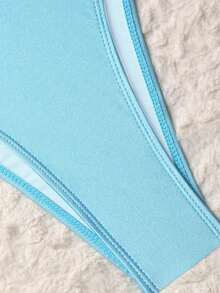Swim Oasis Set de 3 piezas de nuevo conjunto de verano de unicolor: top sin espalda con nudo en el hombro, Bottom de bikini y vestido de playa con abertura y nudo - Celeste - Ver 4