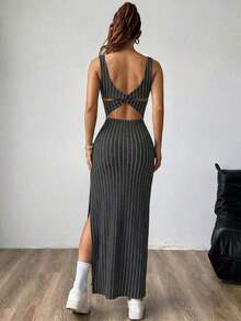 maxi informal sin mangas con abertura lateral, atuendo de mujer - Gris Oscuro - Ver 2
