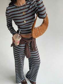 Conjunto de pijama informal para mujer de , incluye camiseta de manga larga con cuello redondo a rayas y pantalones rectos a rayas, adecuado para uso diario, deportes, otoño/invierno, ropa para el regreso a clases, conjunto de dos piezas a rayas marrones, para uso diario, oficina, salidas. - Marrón 2 - Ver 6