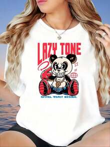 Camiseta con Estampado de Panda Lazy Tone para Mujer, Top Casual de Talla Grande, Camiseta de Moda Urbana, Camiseta Básica Blanca de Verano, Camiseta para Mujer, Adecuada para primavera, verano y otoño. - Blanco - Ver 7