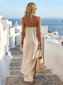 Holidaya Conjunto de Dos Piezas para Mujer: Top de Verano con Tirantes y Pantalones Rectos Holgados con Cintura Elástica, Color Melocotón, Atuendo Casual y Moderno para Vacaciones, Ropa de Verano, Ropa de Exterior, Ropa Casual Holgada, Conjuntos de Ropa de Vacaciones para Mujer, Conjunto de Dos Piezas para Playa, Conjunto de Dos Piezas Beige, Ropa para Exteriores, Ropa de Primavera y Verano. - Albaricoque - Ver 3