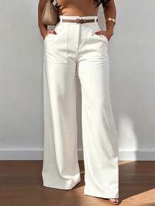 Pantalones casuales de pierna recta y cintura alta de moda para mujer, color blanco, para primavera - Blanco - Ver 3