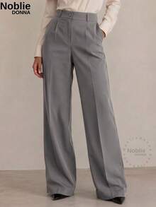 Set Of 2 Tailored Wide Leg High-Waisted Palazzo Pants, Elegant, With Front Button - 1 GRAY 1 COFFEE - View 3