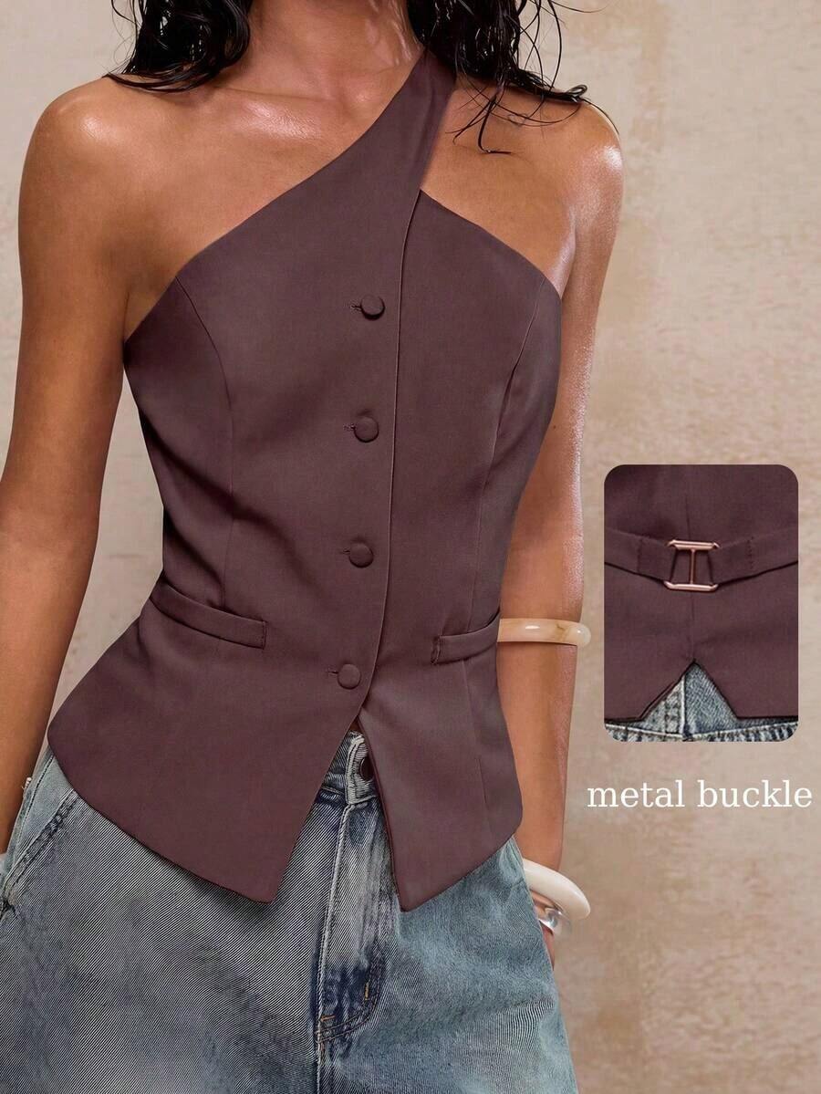 Blazer informal sin mangas de color albaricoque para mujer, conjunto de verano versátil - Rosa Oxidada - Ver 1