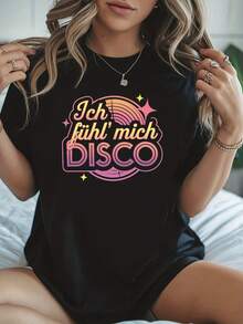 Camiseta de manga corta para mujer con cuello redondo y estampado gráfico alemán 'I Feel DISCO' estilo retro disco, perfecta para salidas casuales, regalos festivos y reuniones con amigos. - Negro - Ver 6