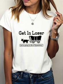 1pscCreative Camiseta Deportiva Casual para Mujer con Estampado Gráfico 'GET IN LOSER', Elegante, Cómoda, Transpirable y de Manga Corta. 100% algodón. - Blanco - Ver 6
