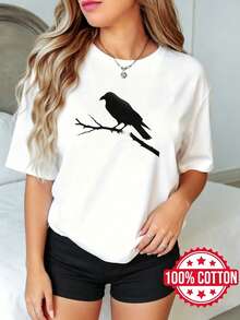 Camiseta de manga corta con cuello redondo y estampado para mujer, verano, estilo casual Silueta de Cuervo en Rama S-3XL 100% aodón material transpirable - Blanco - Ver 2