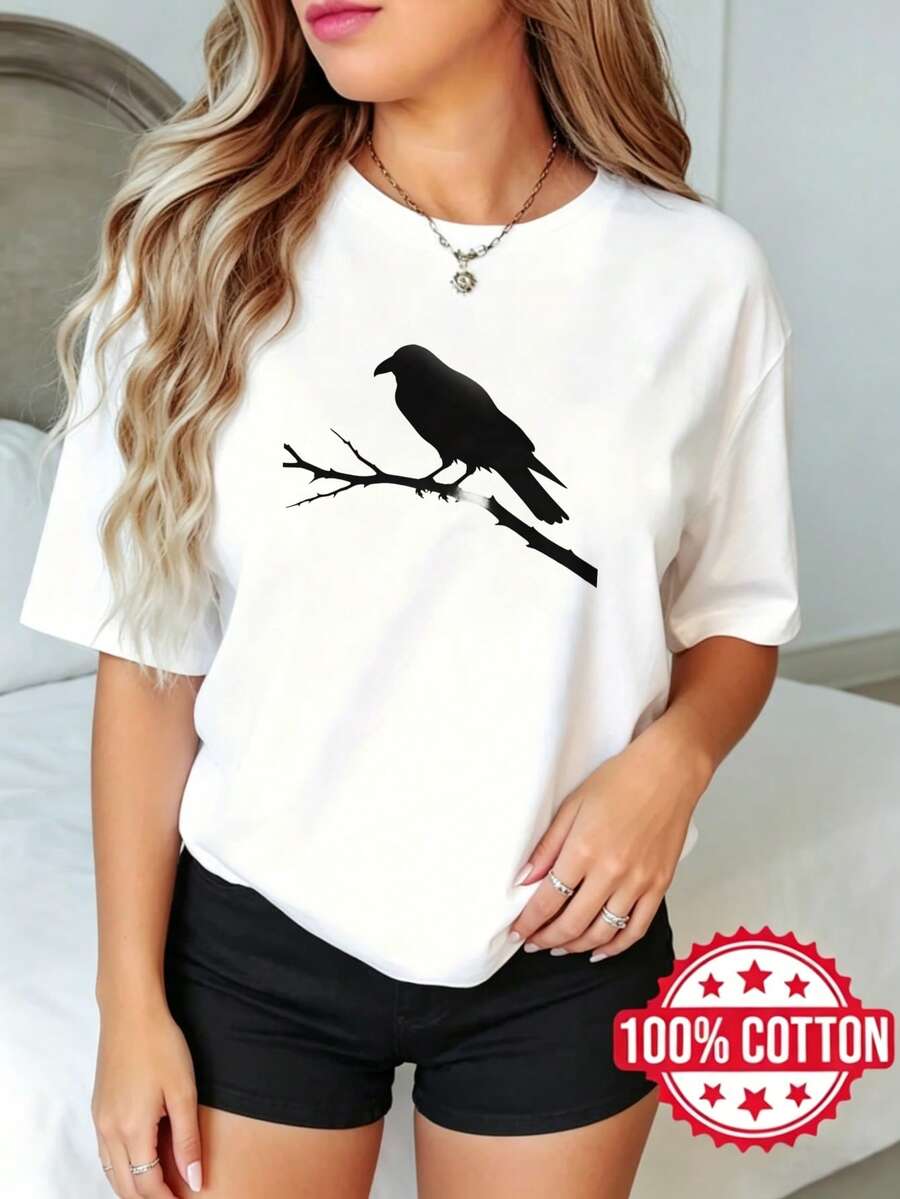Camiseta de manga corta con cuello redondo y estampado para mujer, verano, estilo casual Silueta de Cuervo en Rama S-3XL 100% aodón material transpirable