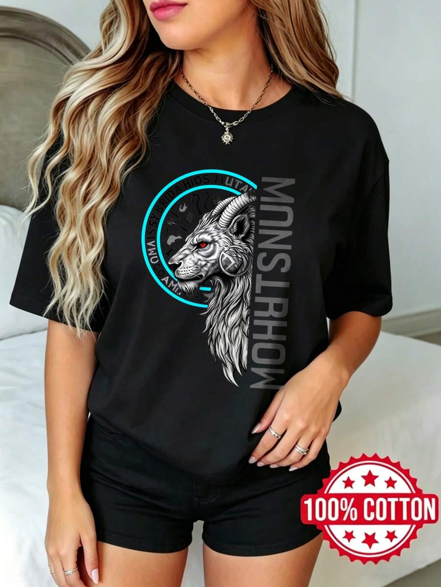 Camiseta negra de manga corta, cuello redondo y estampado para dama, verano, casual Cabeza de cabra con círculo azul S-3XL Moda 100% aodón material