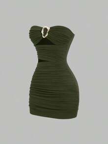 Vestido corto ceñido y sin tirantes para mujer con hebilla metálica - Verde militar - Ver 1