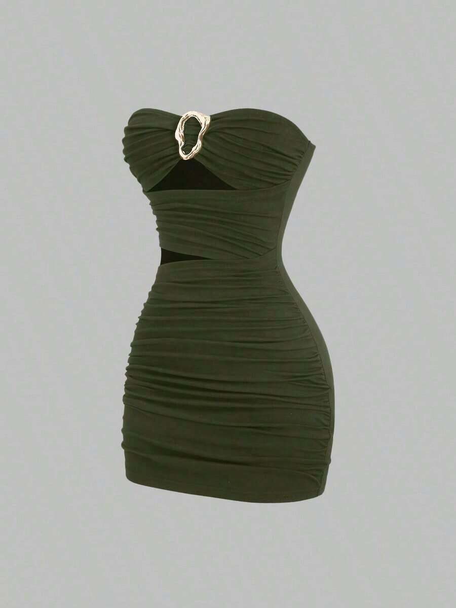 Vestido corto ceñido y sin tirantes para mujer con hebilla metálica - Verde militar - Ver 1