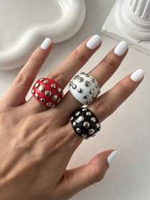 3枚/1枚欧美朋克风铆钉水钻树脂戒指，椭圆形指环，多种颜色可选 - 彩色 - 查看 2