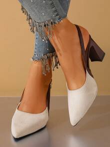 Color Block Pointed Toe Chunky Heel Sandals For Women, Strap Design, Elegant Commuting & Dating Versatile Slim High Heels - Off White - View 6