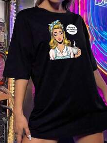 SummerCamiseta gráfica de chica pin-up de dibujos animados linda para mujer |   Camiseta negra suave de manga corta con estampado 'Dormir es mi pasatiempo favorito' - Top informal elegante para días perezosos y siestas - Ropa de dormir pop artFashion All-match Women's Short Sleeve T-shirt, Basic Style for Inner & Outer Wear - Negro - Ver 3