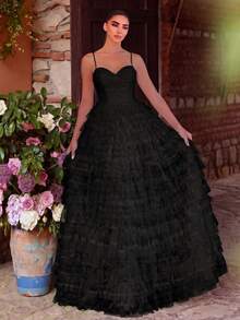 Layered Ruffle Front Mesh Strap Maxi Formal Dress - Black - View 3